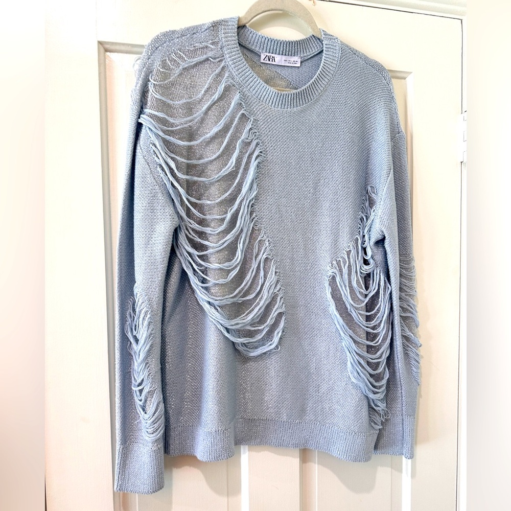 Zara crewneck knit sweater with rips distressed top blue silver